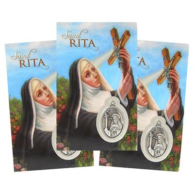 Needzo Saint Rita Holy Prayer Card with Medal and Prayers on The Back, Catholic Saints Pocket Prayers Bookmark and Bible Page Holders, Patron of The Impossible, 3 3/8 Inches, Pack of 3