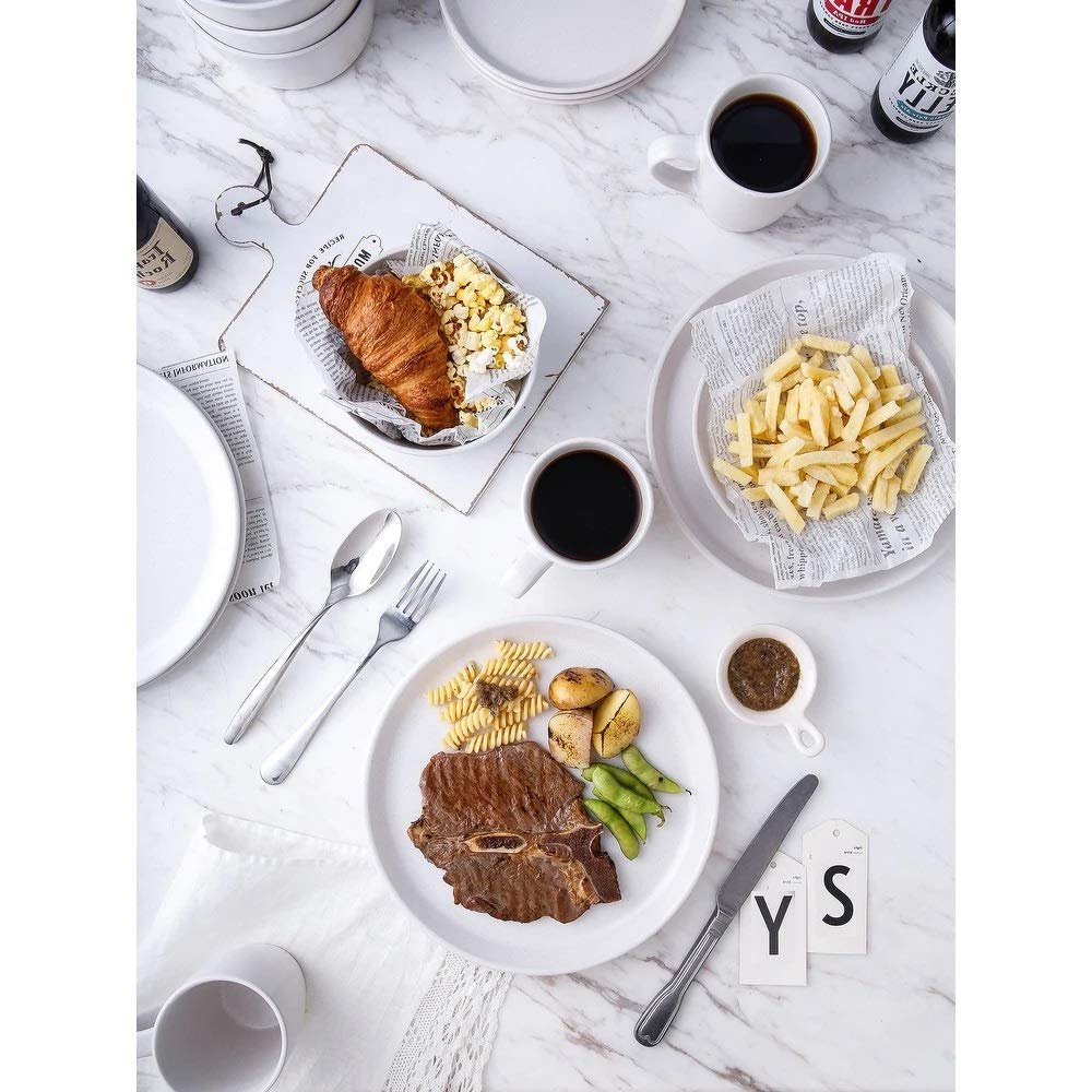 16 Piece Round Unique Lipped Edge Off White Stoneware Dinnerware Sets - Dishwasher & Microwave Safe Heavier Material Two Tone Bold Attractive Artfully Design Durable Round Plates, Bowls and Cups Set