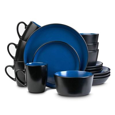 16 Piece Round Unique Lipped Edge Blue Black Stoneware Dinnerware Sets - Dishwasher & Microwave Safe Heavier Material Two Tone Bold Attractive Artfully Design Durable Round Plates, Bowls and Cups Set