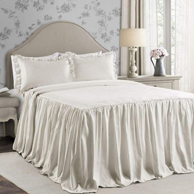 3 Piece French Country Wheat Tan Ticking Stripe Ruffled Bedspread King Size, Pinstripes Printed Trendy Shabby Chic Bedding Set, All Season Ruffled Edges Classic Look Stylish Design Farmhouse Bedding