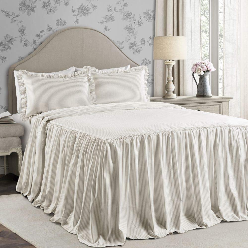3 Piece French Country Wheat Tan Ticking Stripe Ruffled Bedspread King Size, Pinstripes Printed Trendy Shabby Chic Bedding Set, All Season Ruffled Edges Classic Look Stylish Design Farmhouse Bedding