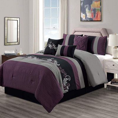 7 Piece Elegant Embroidered Floral Comforter Set Full Size, Beautiful Eye-Catching Leaves Scroll Striped Pattern Royal Luxury Bedding, Colorful Hues Comfortable Plum Black Grey Comforter with Bedskirt