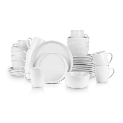 32 Piece Round Unique Lipped Edge Off White Stoneware Dinnerware Sets - Two Tone Heavier Material 100% Dishwasher & Microwave Safe - Solid Bold Artfully Design Durable Round Plates, Bowls and Cups Set