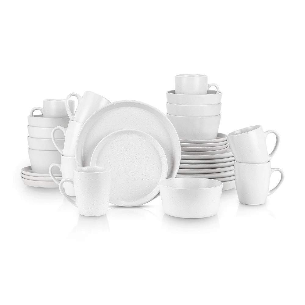 32 Piece Round Unique Lipped Edge Off White Stoneware Dinnerware Sets - Two Tone Heavier Material 100% Dishwasher & Microwave Safe - Solid Bold Artfully Design Durable Round Plates, Bowls and Cups Set