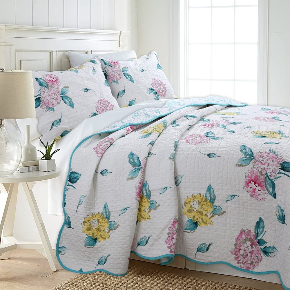 Hydrangea Floral Quilt Set 3Pcs Bedding Set Bedroom Bed 100% Cotton King Size