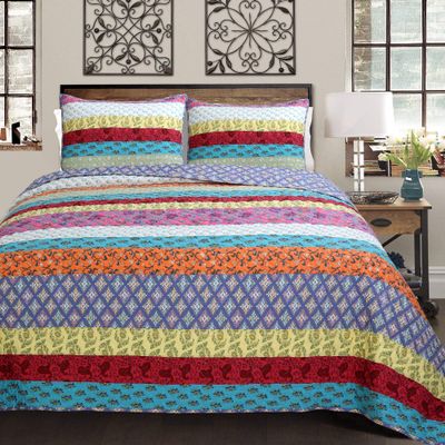 Stripe Quilt Set 3Pcs Multicolor Bedding Set Bedroom Quilt Bed 100% Cotton King Size