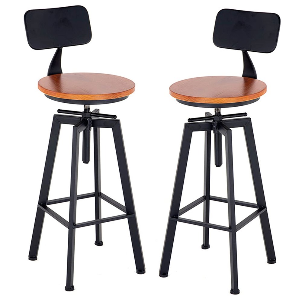 Breakfast Bar Chairs Set of 2, Industrial Vintage Kitchen Counter Height Adjustable Bar Stool, Metal Frame Legs, Solid Wood Swivel Bar Cabinets Chair
