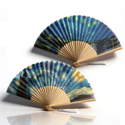 Cyrank Foldable Hand Fan, 2PCS Hand Held Silk Folding Fan Chinese Handheld with Frames Decorative Starry Night Pattern for Dancing Cosplay Wedding Party Props Decoration