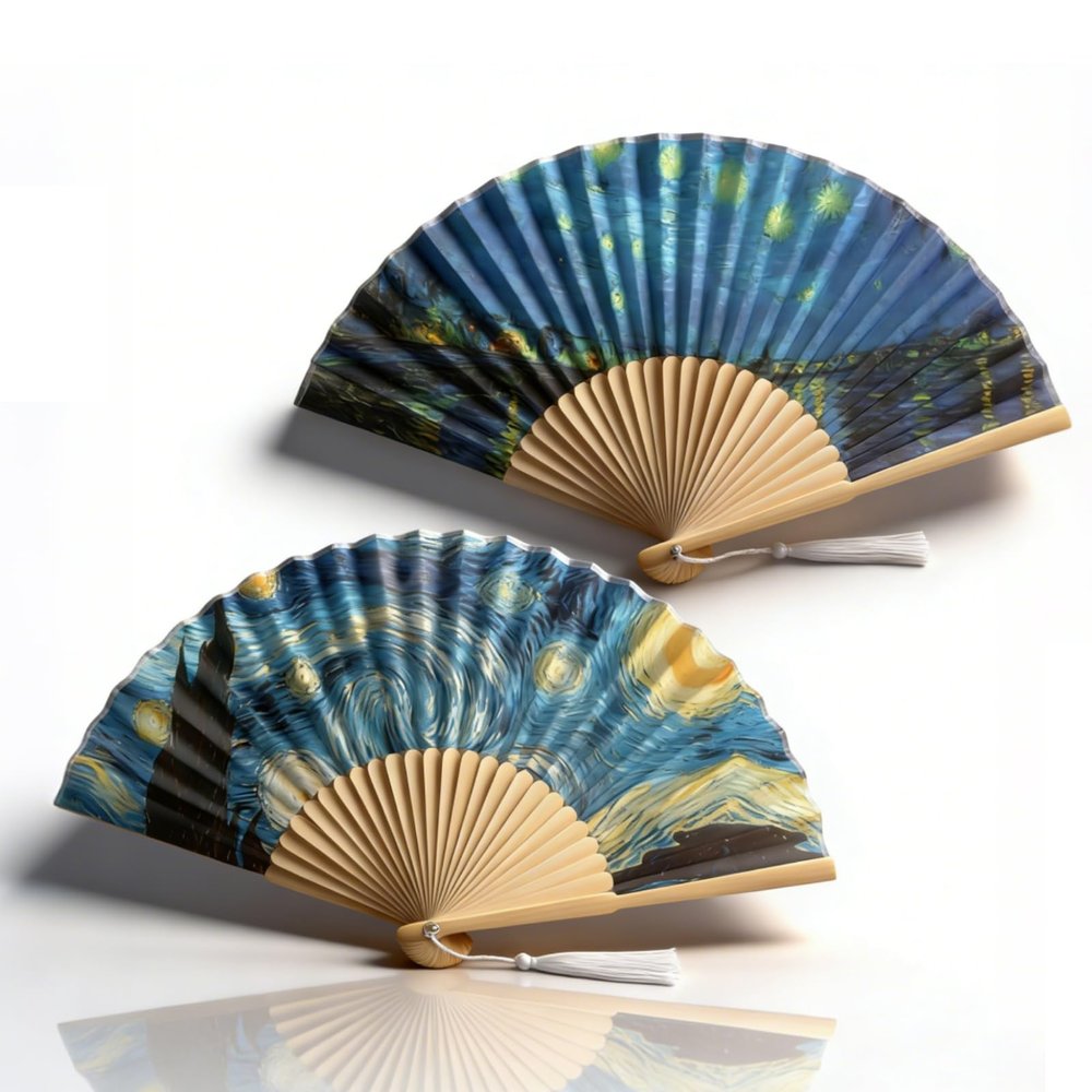 Cyrank Foldable Hand Fan, 2PCS Hand Held Silk Folding Fan Chinese Handheld with Frames Decorative Starry Night Pattern for Dancing Cosplay Wedding Party Props Decoration