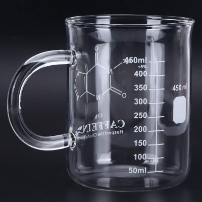 BORDSTRACT Caffeine Beaker, 16oz Glass Coffee Mug with Handle and Measuring, Scientific Borosilicate Molecule Glass Chemistry Mug for Coffee Tea Latte