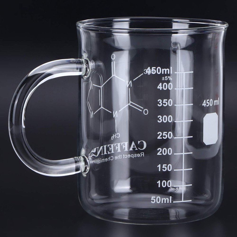 BORDSTRACT Caffeine Beaker, 16oz Glass Coffee Mug with Handle and Measuring, Scientific Borosilicate Molecule Glass Chemistry Mug for Coffee Tea Latte