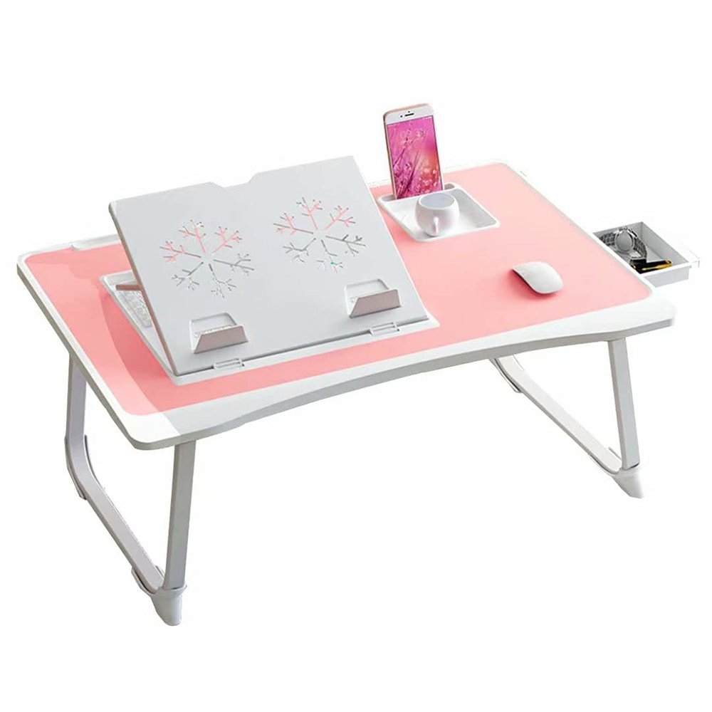 HGTRH Portable Adjustable Laptop Bed Desk Stand Tray Table Cup Holder, Bed Table Tray Dorm Room with Storage Drawer Adjustable 6-Level Tilt Angle for Eating Reading Working on Bed Couch
