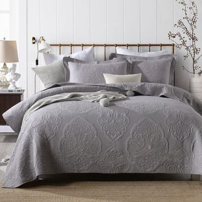ABREEZE Grey Paisley Quilt Set Queen Size Cotton Vintage Floral Quilt Set Comforter Bedspread Set Quilted Coverlet Cotton Grey Comforter 3 Pieces