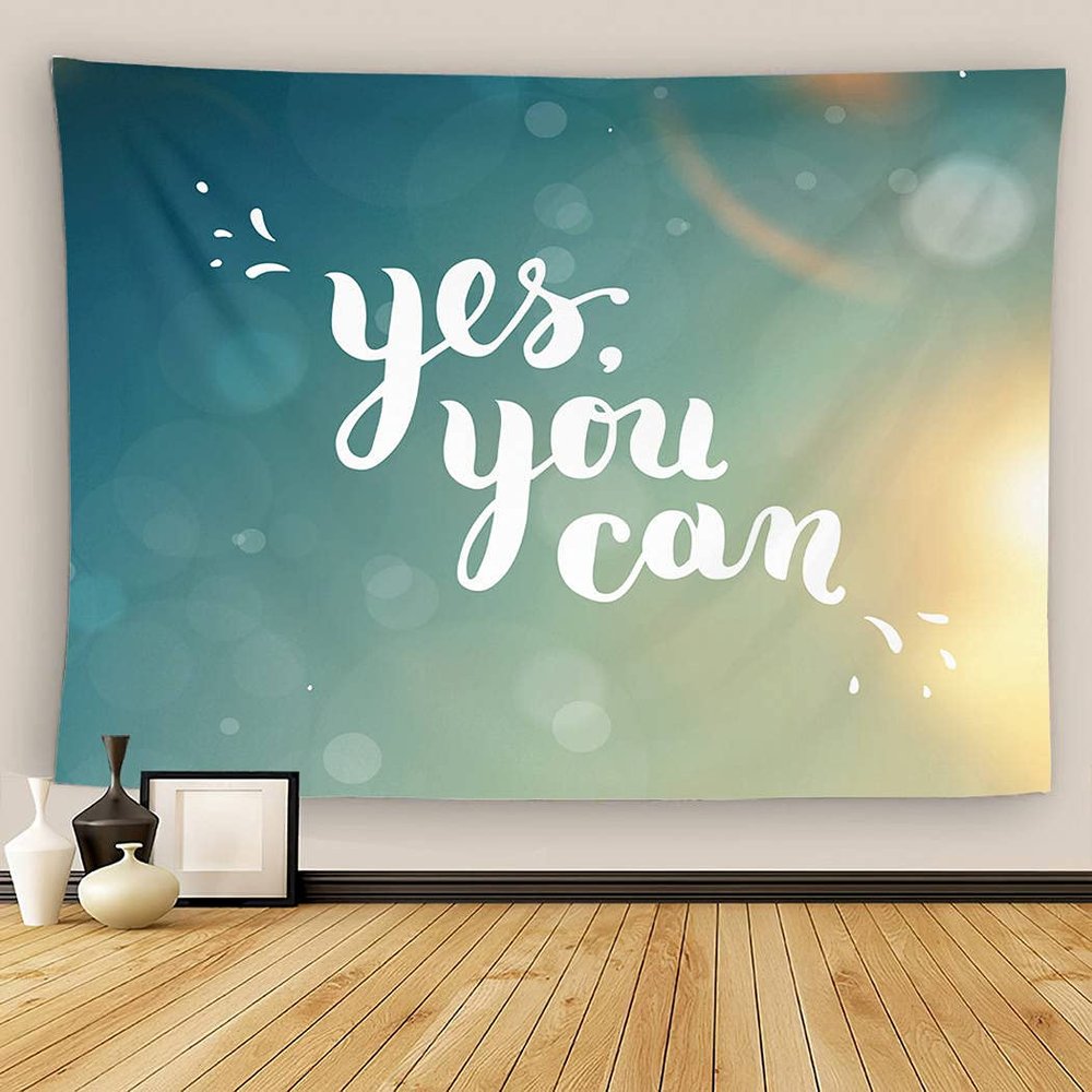 Yes You Can Tapestry Wall Hanging Inspire Quote Typographical Yes You Blurred Sky Sun Summer Wall Tapestry Wall Decor For Bedroom Living Room Outdoor Wall Art 60x80 Inch