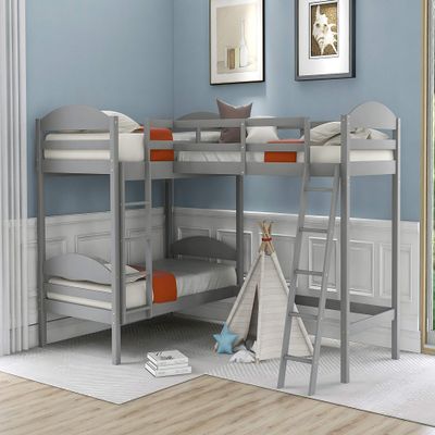 Triple Bunk Bed Twin Size Wood L-Shaped Corner Bunk Bed Frame 3 Bed Bunk Loft Bed with Full Length Guardrails and Flat Ladder, 3 Bed Bunk, No Box Spring Needed (Gray+Wood)
