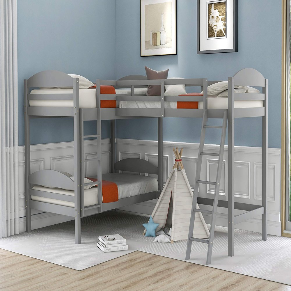 Triple Bunk Bed Twin Size Wood L-Shaped Corner Bunk Bed Frame 3 Bed Bunk Loft Bed with Full Length Guardrails and Flat Ladder, 3 Bed Bunk, No Box Spring Needed (Gray+Wood)