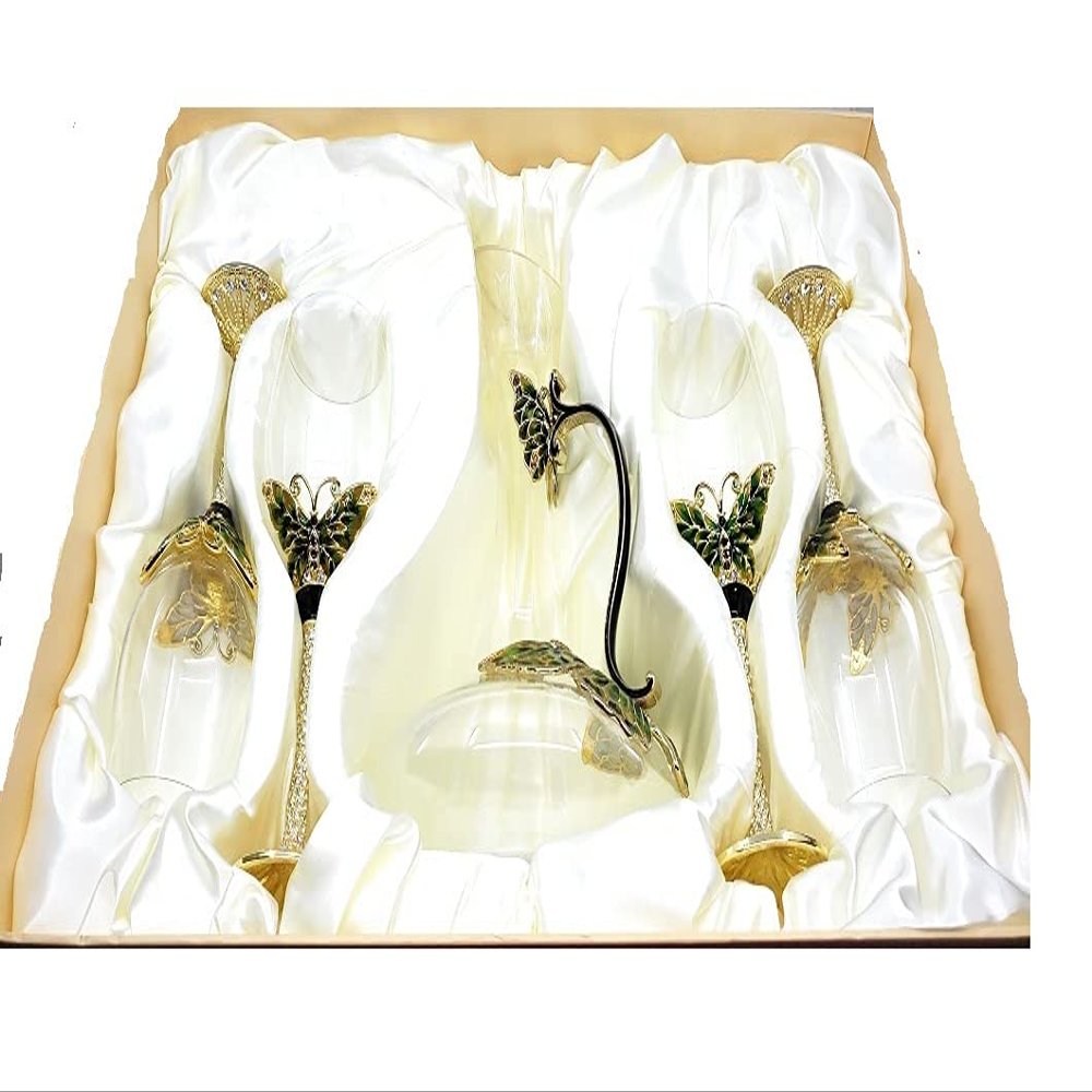 5 Piece Wine Decanter & Glasses Gift Set Hand-Blown Glass Embellished with Enamel and Colorful Crystal Details - Butterfly Design