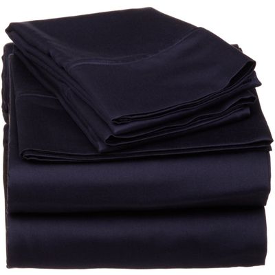 3 Piece Set - 800 Thread Count Long Staple Cotton Sateen Weave Quality Bed Fitted Sheet Fits Upto 18'' - 24'' Inch, 3 PC Set - 1 Fitted Sheet & 2 Pillowcase (Twin, Navy Blue Solid)