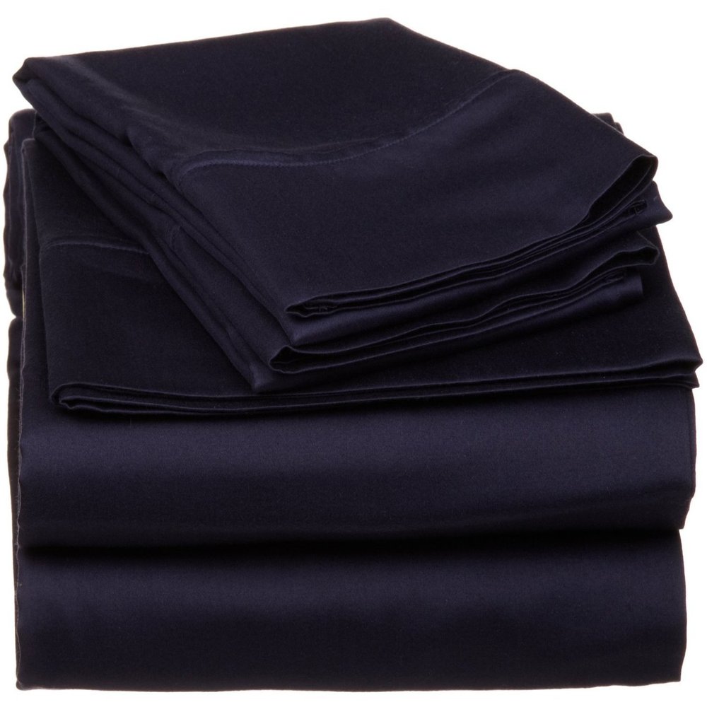 3 Piece Set - 800 Thread Count Long Staple Cotton Sateen Weave Quality Bed Fitted Sheet Fits Upto 18'' - 24'' Inch, 3 PC Set - 1 Fitted Sheet & 2 Pillowcase (Twin, Navy Blue Solid)