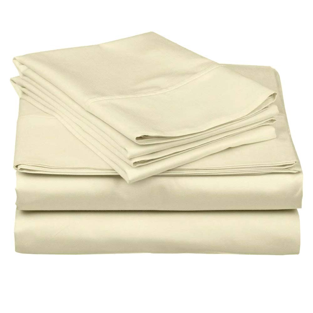 3 Piece Set - 800 Thread Count Long Staple Cotton Sateen Weave Quality Bed Fitted Sheet Fits Upto 6'' - 10'' Inch, 3 PC Set - 1 Fitted Sheet & 2 Pillowcase (Full, Ivory Solid)