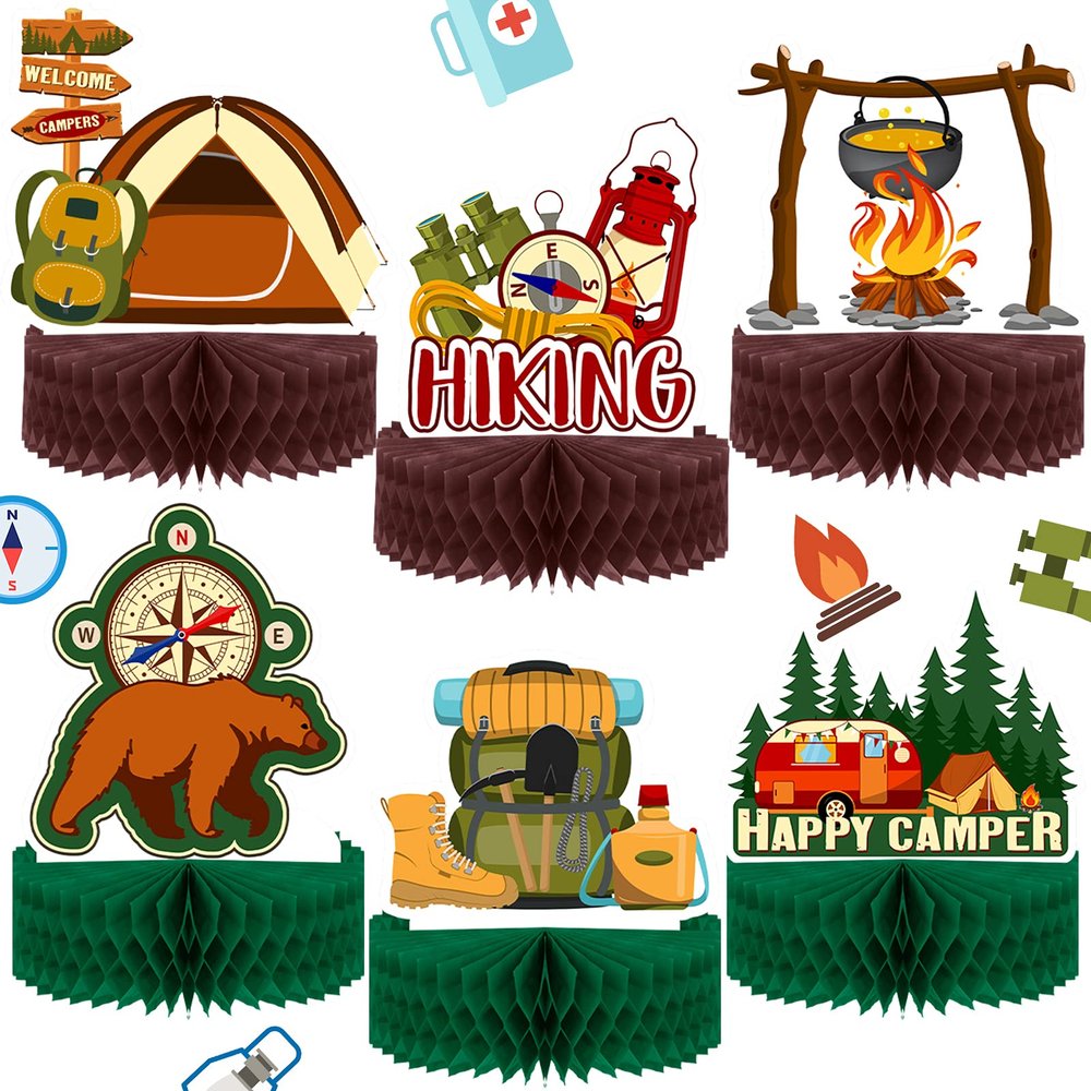 6 Pieces Happy Camper Honeycomb Centerpieces Camping Party Decoration Campfire Adventure Bears Sign Camping Theme Cakes Ball Table Topper for Kids Birthday Photo Props Ideas 3D Table Decoration