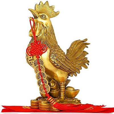 13CM Zodiac Rooster Golden Brass Rooster Chinese Ornament Feng Shui Collectible Figurines/Lucky Charm Ancient Coins on Red String