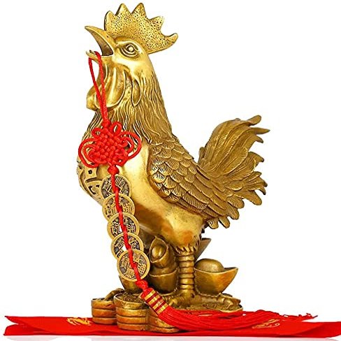 13CM Zodiac Rooster Golden Brass Rooster Chinese Ornament Feng Shui Collectible Figurines/Lucky Charm Ancient Coins on Red String