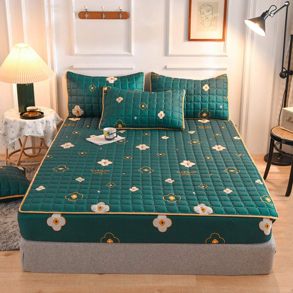 CFYCYHDZHT Bed Cover Room Thick Quilted Non Slip Deep Pocket Fitted Sheets, Cartoon Printed Mattress Protector for Boys Girls Bedroom Dark Green 150200cm
