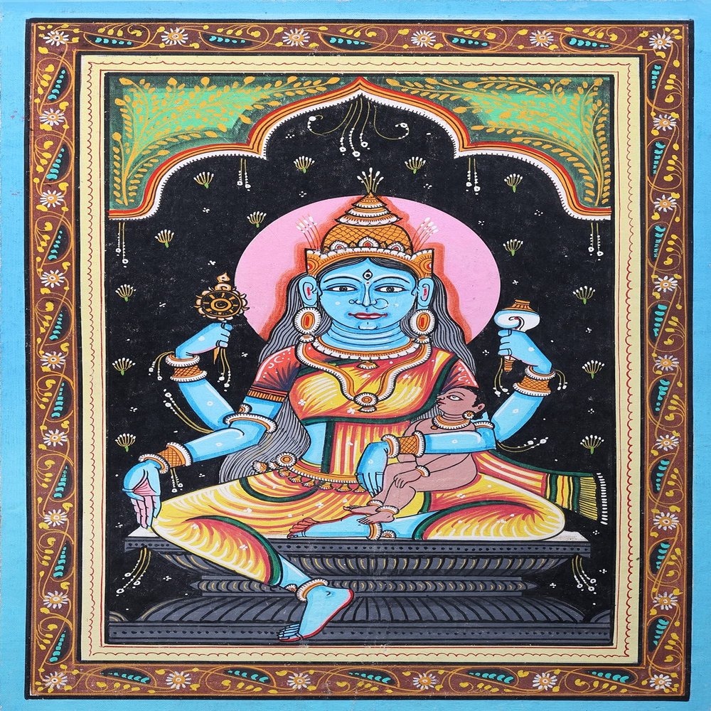 Exotic India Goddess Ashta Matrika - WATER COLOR PAINTING ON PATTI FOLK ART FROM THE TEMPLE TOWN PURI (ORISSA) -
