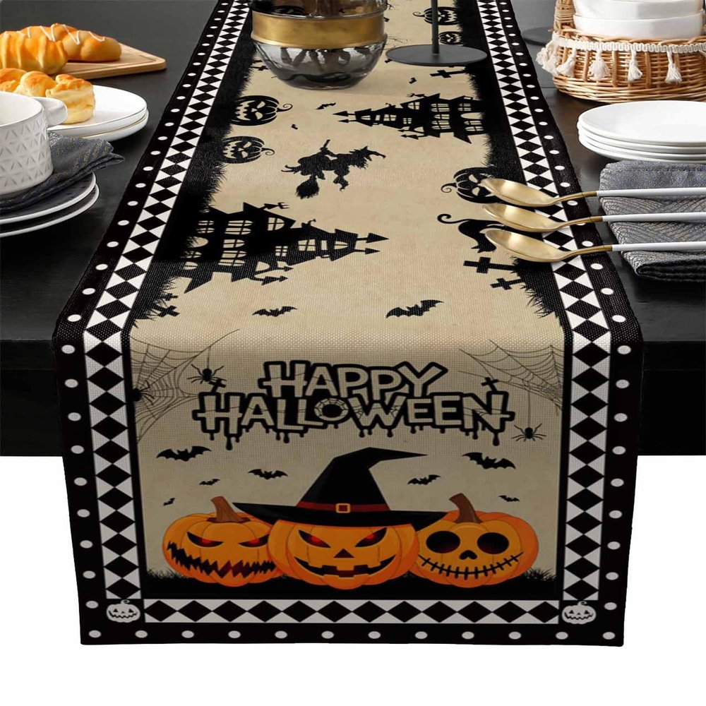 Edwiinsa Luxury Table Runners 120 Inche Long, Halloween Haunted Castle Cotton-Linen Table Runner 13x120, Dresser Scarves Durable Washable Tablecloth Modern Decorations, Pumpkin Raven Skull Bats