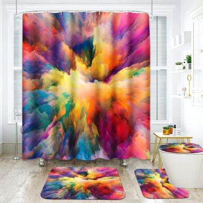 ArtSocket Yellow Red Teal Colorful Bathroom Set with Shower Curtain and Rugs Accessory, Modern Abstract Painting Abstract Shower Curtain for Bathroom Decor 4 Pcs