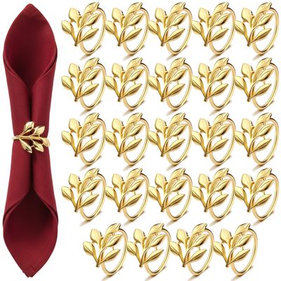 Willbond 24 Pcs Leaf Napkin Rings, Gold Metal Holders for Table Setting