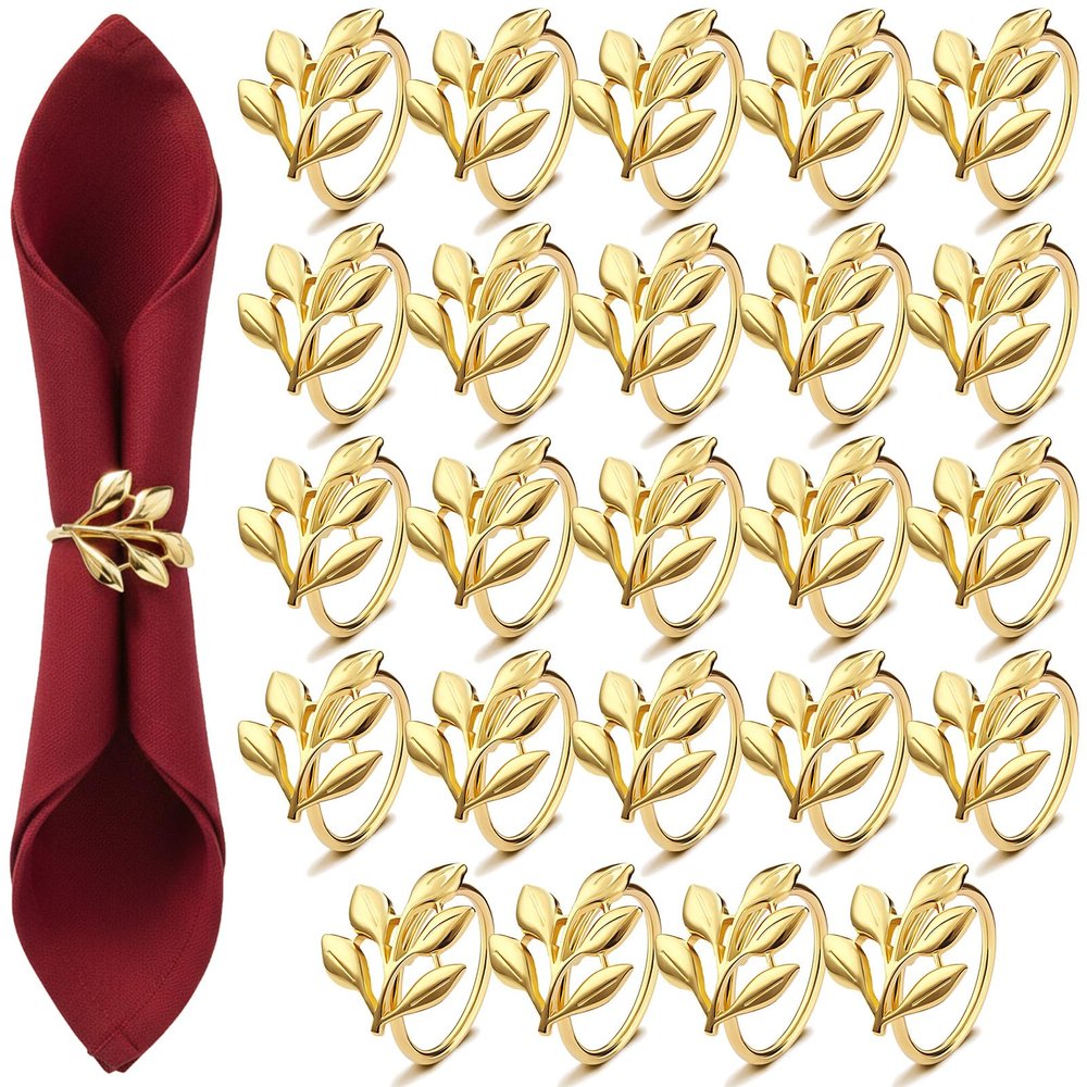 Willbond 24 Pcs Leaf Napkin Rings, Gold Metal Holders for Table Setting