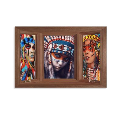 Native American Wall Art Indian Colorful Feather Girls Canvas Print Poster 3D Fake Frame Window View Home Living Room Aesthetics Decor,16 x 24 Inch Unframed
