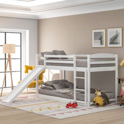 Bellemave Low Bunk Beds Twin Over Twin Bunk Bed with Slide Wood Bunk Bed Frame for Kids, Girls, Boys, Teens, Spave-Saving Bunk Beds, No Spring Needed, White