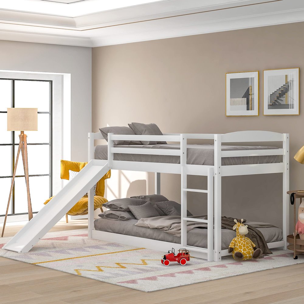 Bellemave Low Bunk Beds Twin Over Twin Bunk Bed with Slide Wood Bunk Bed Frame for Kids, Girls, Boys, Teens, Spave-Saving Bunk Beds, No Spring Needed, White