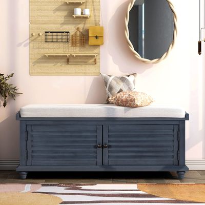 RUNNA Entryway Bench Storage Bench, Organizer Storage Bench with Removable Cushion and Two Doors, Louver Design Wooden Shoe Bench for Entryway, Living Room Bedroom, Home Collection (Navy Blue)