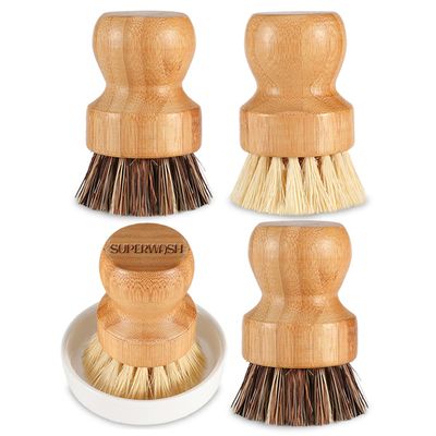 SUPERWASH PLUS Bamboo Scrub Brush Clean Pan, Dish and Vegetable, Natural Bristles Palm Pot Brush 4 Pack Round Mini Dish Brush with Ceramic Holder for Kitchen Sink Cleaning