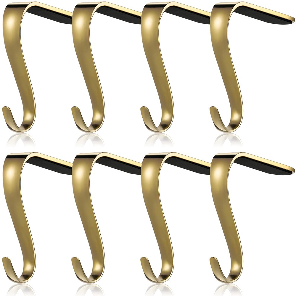 Boao 8 Pcs Christmas Stocking Holders Metal Mantel Stockings Hangers Classic Shelf Heavy Duty Stocking Garland Hangers for Counter Tables Window Fireplace Xmas Party Decoration (Gold)