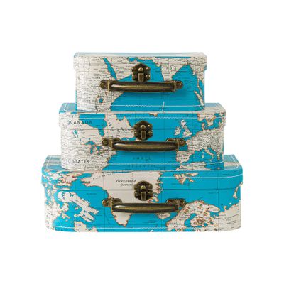 Soul & Lane Decorative Suitcase Storage Boxes with Handle, Set of 3 Cardboard Suitcase Boxes with Lids, Vintage Luggage Prop Travel Decor, Travel Themed Party Decorations, Airplane Decor,Going Places