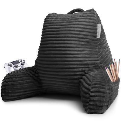 Clara Clark Reading Pillow for Bed Adult Back Pillow for Sitting in Bed, Standard Plush Bed Pillows for Sitting Up in Bed, Shredded Foam Bed Chair Pillow with Arms and Pockets, Grey Bed Rest Pillow