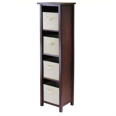 Pemberly Row 5-Tier Tall Solid Wood Storage Shelf with Baskets in Walnut/Beige