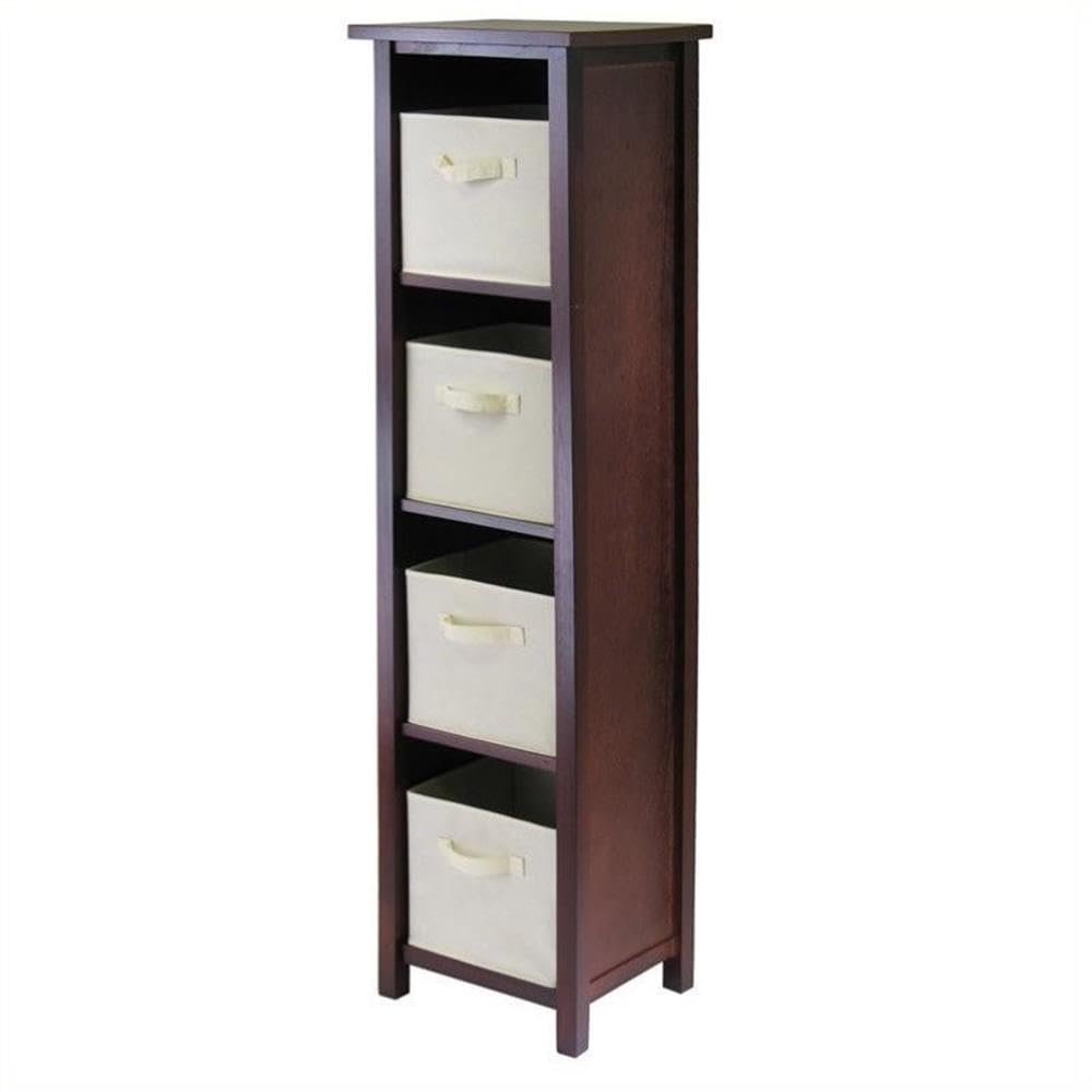 Pemberly Row 5-Tier Tall Solid Wood Storage Shelf with Baskets in Walnut/Beige