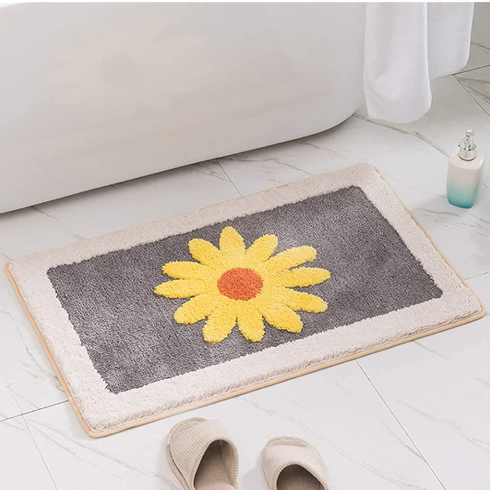 Daisy Bathroom Rugs Daisy Non Slip Bath Mat Bathroom Bath Rugs for Bathroom Absorbent Ultra Soft Bathroom Mat Rug Fluffy Microfiber Bathroom Rugs Non Slip Carpet Floor Mat (Yellow Daisy Grey, 50x80cm)