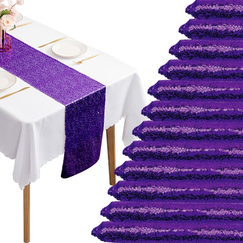 12 Packs 12 X 72 Inch Purple Sequin Table Runner Glitter Dining Table Runner for Birthday Wedding Engagement Bridal Baby Shower Bachelorette Holiday Celebration Party Supplies Decorations (Purple)