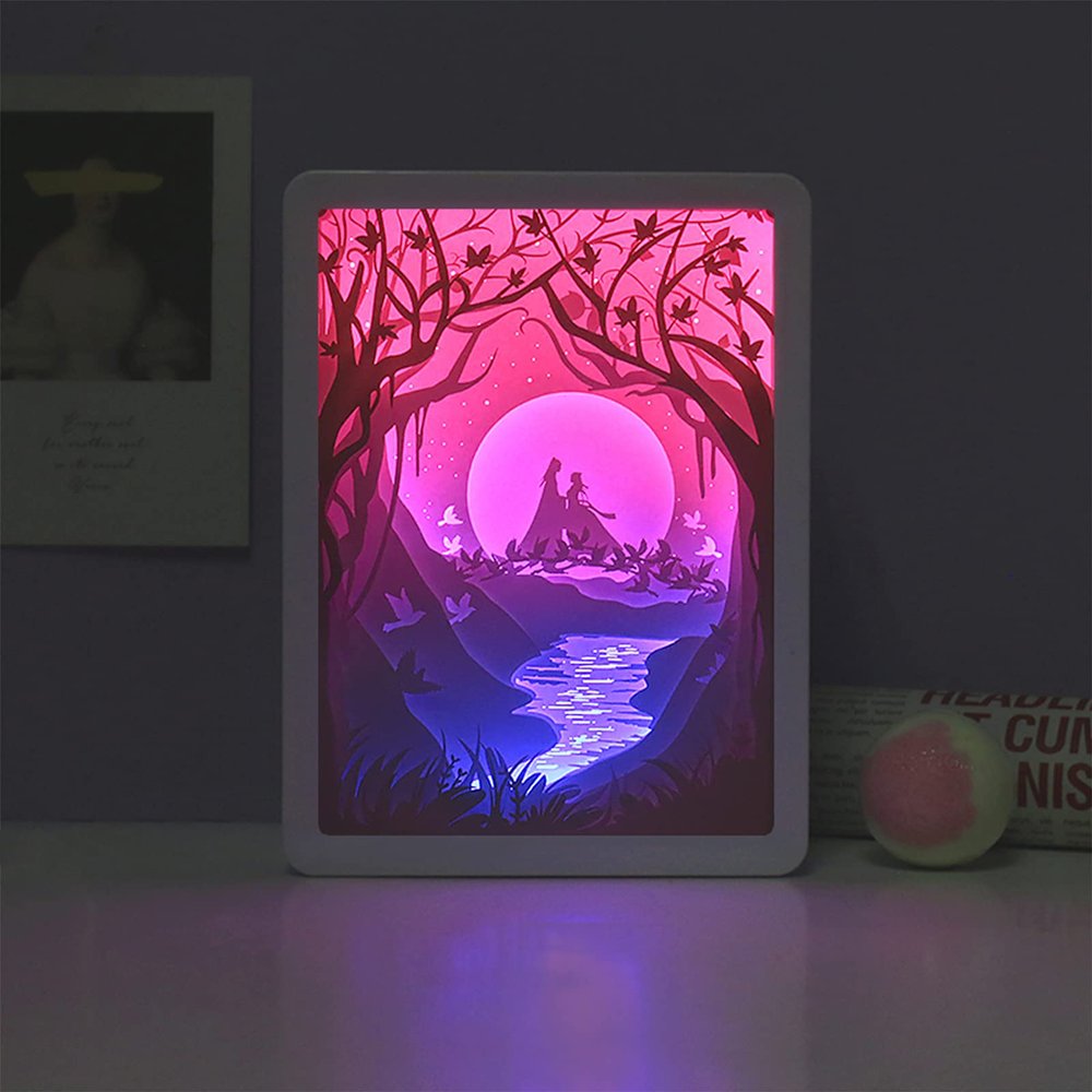 SIWEME 3D Paper Carving Lamp LED Night Light Creative Desk Lamp Frame Table Lamp Decorative Mood Light Gift Ideas for Girls Wife (Oath Under the Moon)