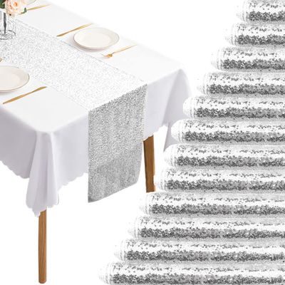 12 Packs 12 X 108 Inch Silver Sequin Table Runner Glitter Dining Table Runner for Birthday Wedding Engagement Bridal Baby Shower Bachelorette Holiday Celebration Party Supplies Decorations (Silver)