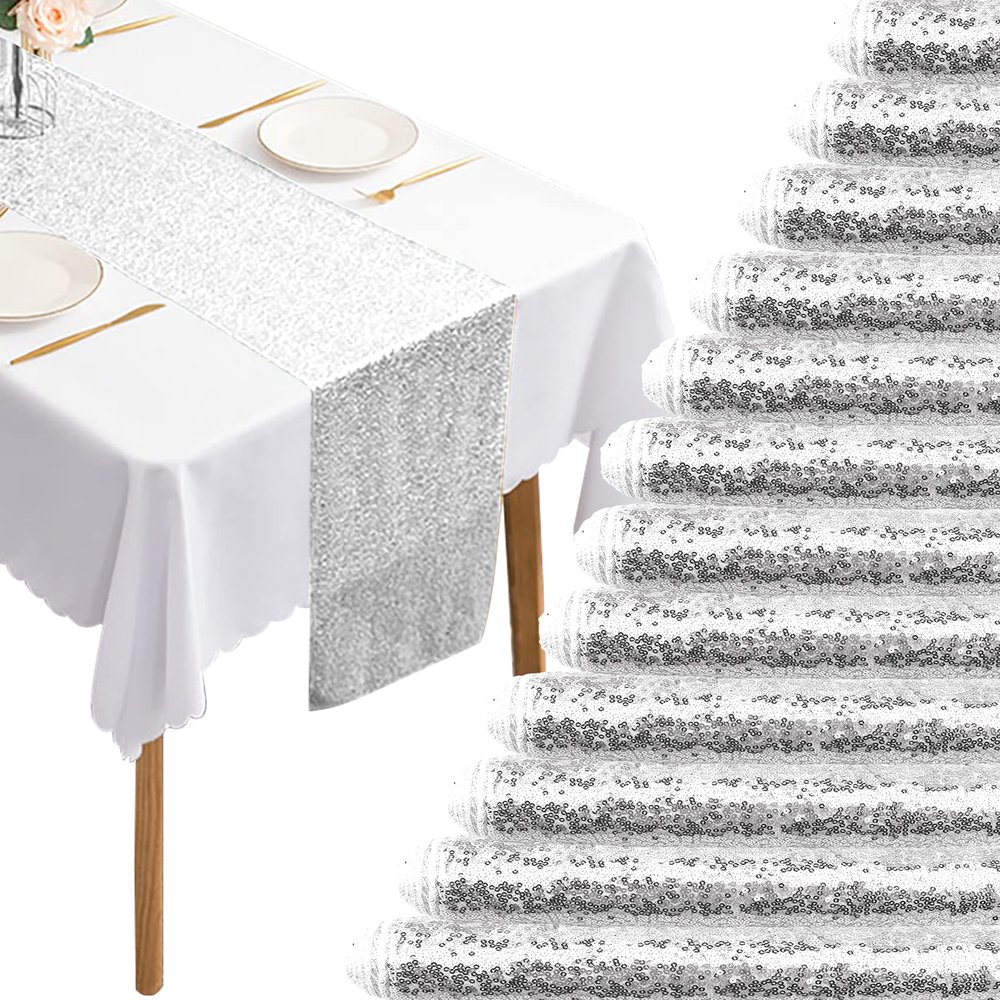 12 Packs 12 X 108 Inch Silver Sequin Table Runner Glitter Dining Table Runner for Birthday Wedding Engagement Bridal Baby Shower Bachelorette Holiday Celebration Party Supplies Decorations (Silver)