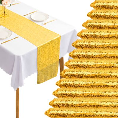 12 Packs 12 X 108 Inch Gold Sequin Table Runner Glitter Dining Table Runner for Birthday Wedding Engagement Bridal Baby Shower Bachelorette Holiday Celebration Party Supplies Decorations (Gold)