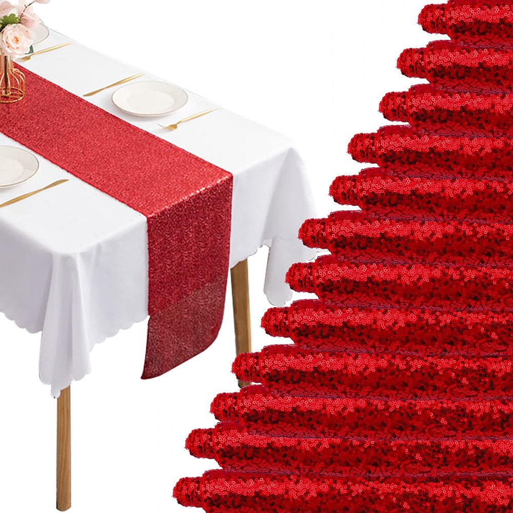 12 Packs 12 X 108 Inch Red Sequin Table Runner Glitter Dining Table Runner for Birthday Wedding Engagement Bridal Baby Shower Bachelorette Holiday Celebration Party Supplies Decorations (Red)
